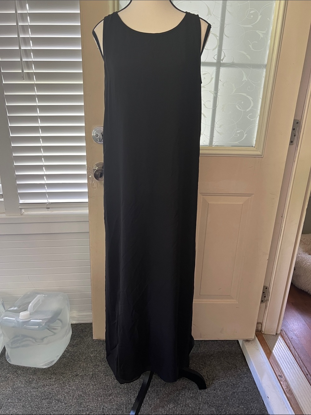 Eileen Fisher sz S 💯 silk black straight column maxi dress, sheer panels.